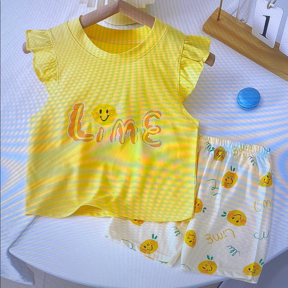 Yellow Kids Pajamas Set with Lime Print